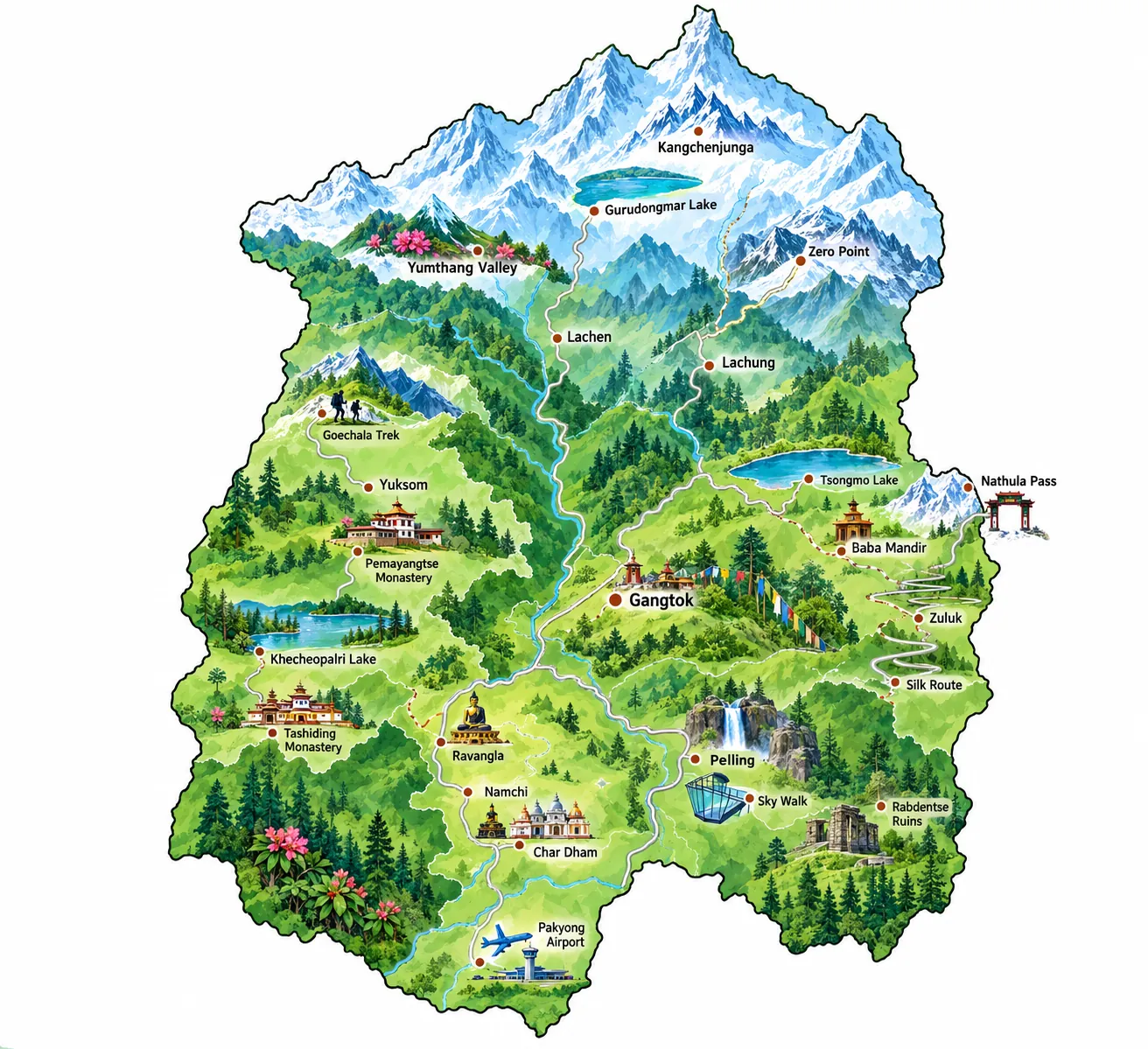 Illustrated tourist map of Sikkim